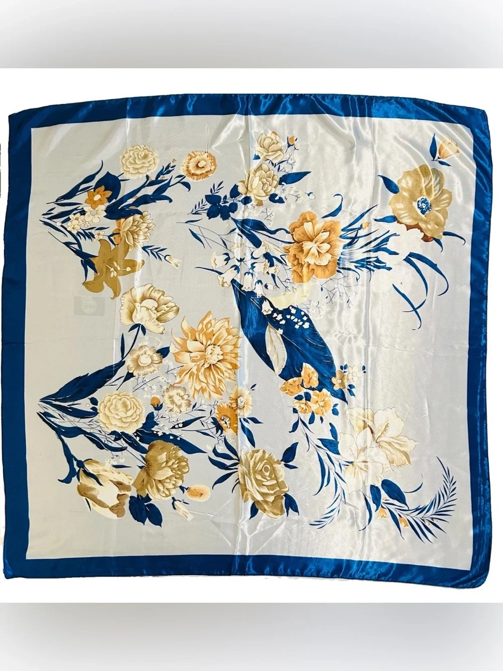 Vintage Blue & Gold Flowers Floral Silky 35
